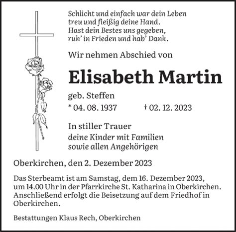 Traueranzeigen Von Elisabeth Martin Saarbruecker Zeitung Trauer De