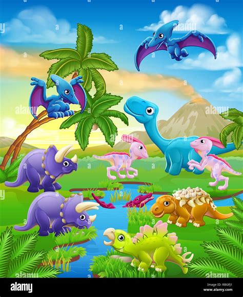 Dinosaur Cartoon Prehistoric Landscape Scene Stock Vector Image Art