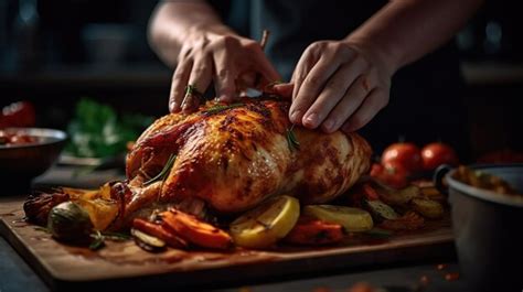 Premium AI Image Roast Chicken Being Carved At A Lively Outdoor