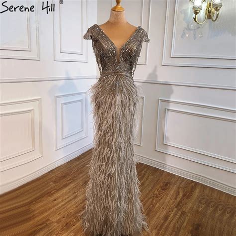 Serene Hill Arabic Brown Mermaid Elagant Sexy Feathers Beaded Luxury