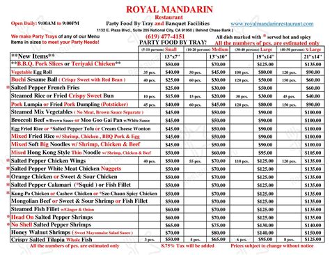 Menu at Royal Mandarin restaurant, National City