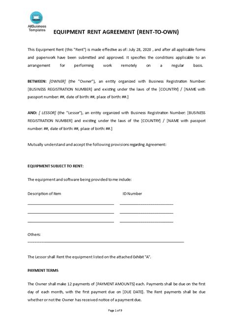 Equipment Rent Agreement Rent To Own Templates At