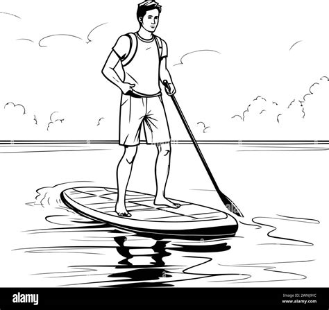 Man On A Stand Up Paddle Board Black And White Vector Illustration