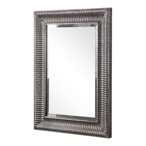 Rectangular Metal Frame Mirror With Raised Texture Distressed Silver