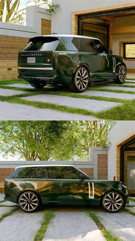 An Suv Parked In Front Of A House With Grass On The Ground And Two