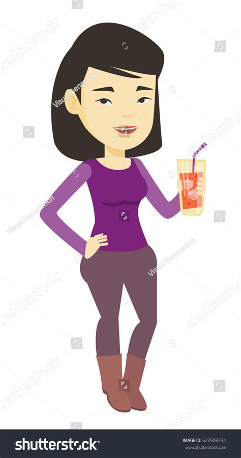 Asian Smiling Woman Holding Cocktail Glass Stock Vector Royalty Free