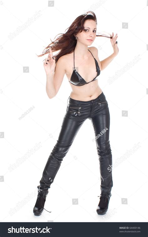 Sexy Brunette Black Leather Pants Isolated Stock Photo Shutterstock