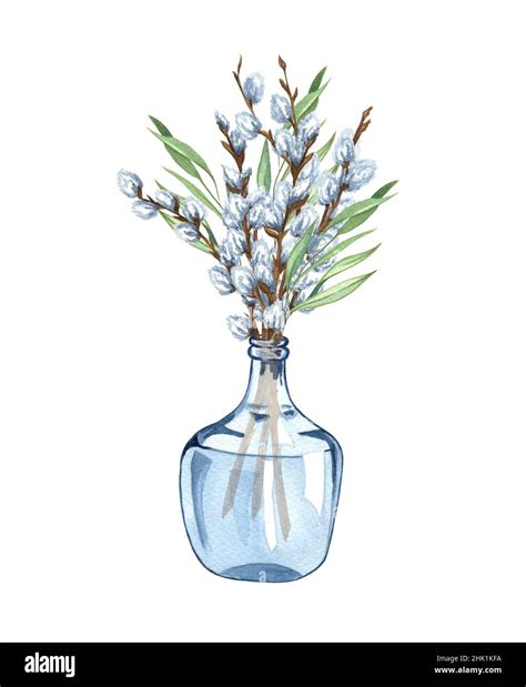 Watercolor Bunch Of Pussy Willow Twigs In A Glass Vase Spring Bouquet Easter Decorations Hand