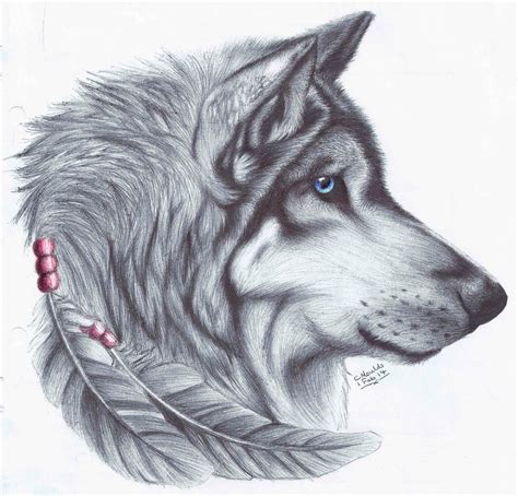 Native blue-eyed wolf portrait in profile with feathers tattoo design ...