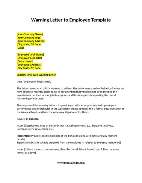 Free Printable Professional Warning Letter Sample Pdf Employee