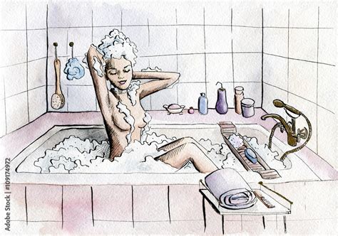 Hand Painted Watercolor Nude Girl In Foam Bath Washing Hair Stock Illustration Adobe Stock