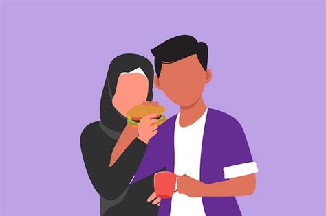 Personaje Dibujo Plano Hombre Y Mujer Comiendo Una Hamburguesa Juntos