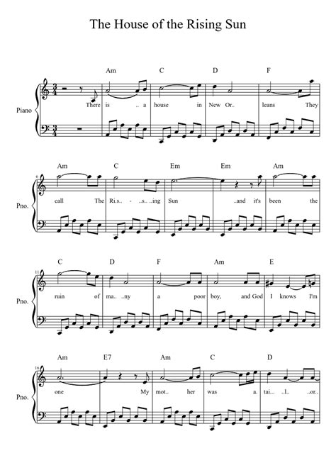 The House Of The Rising Sun Sheet Music For Piano Solo Easy