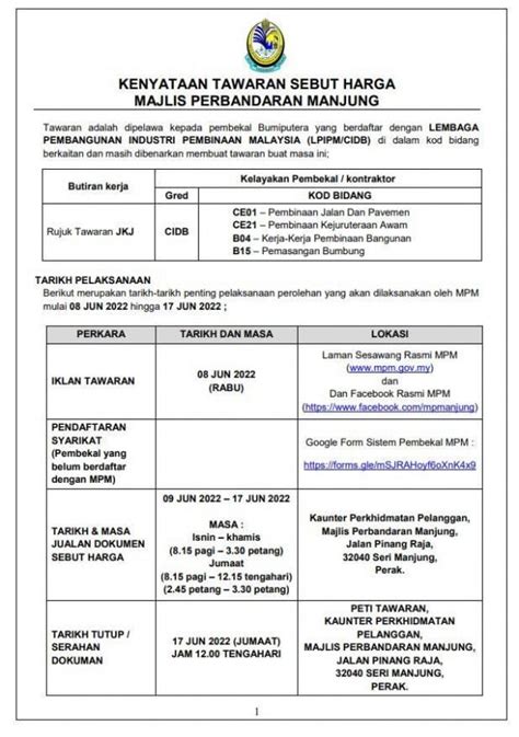 Kenyataan Tawaran Sebut Harga Jkj 17 Jun 2022 Majlis Pebandaran Manjung