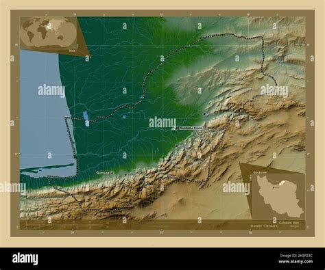 Golestan, province of Iran. Colored elevation map with lakes and rivers ...