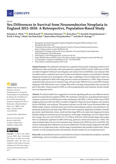 Pdf Sex Differences In Survival From Neuroendocrine Neoplasia In England 2012 2018 A