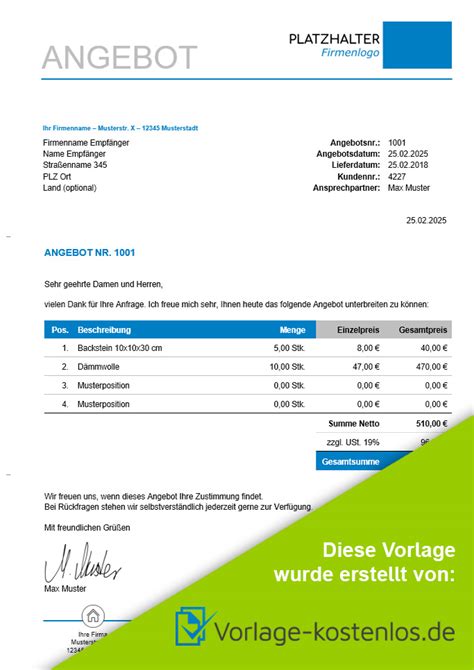 Angebotsvorlage Kostenlose Muster Für Word And Excel Zum Download