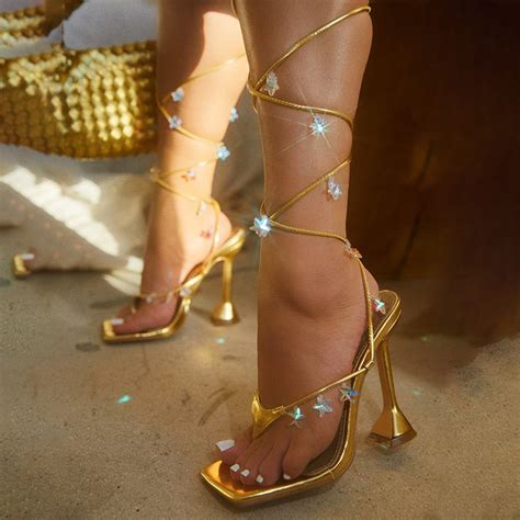 Gold Stiletto Wrapped Heels Square Toe Patent Sandal Butterfly Shoes