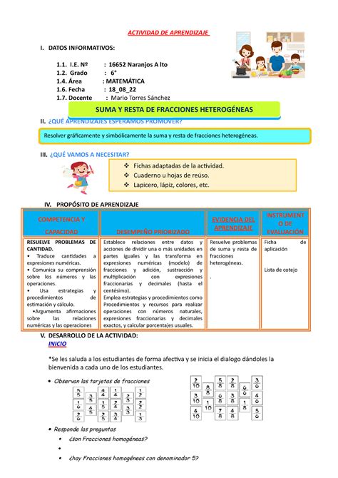 Sesion SUMA Y Resta Fracciones Heterogéneas ACTIVIDAD DE APRENDIZAJE