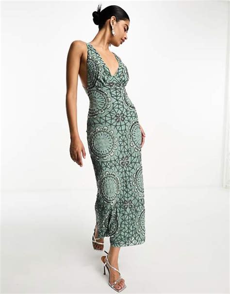 Asos Design Us Exclusive Embellished Plunge Midi Dress With Tie Back Detail In Dark Green Asos