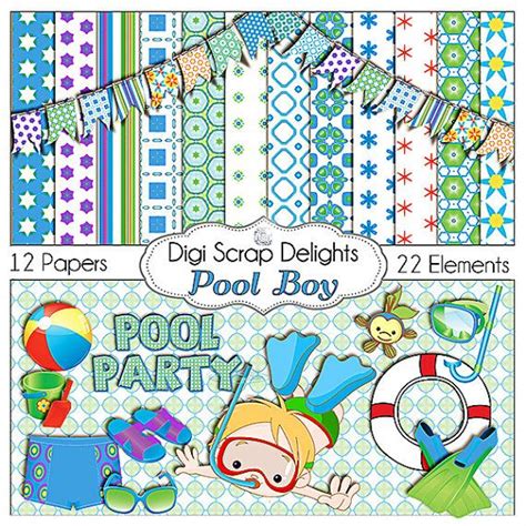 Pool Boy Digital Scrapbook Kit W Swimming Pool Clip Art For Pool Party