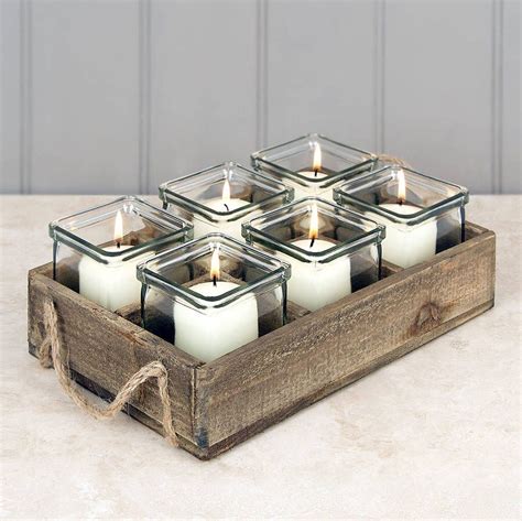 Set Of Six Tea Lights In Vintage Style Tray Tea Lights Glass Tea Light Holders Tea Light Holder