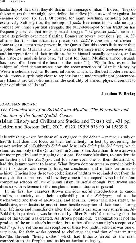 Jonathan Brown The Canonization of al Bukhārī and Muslim The Formation