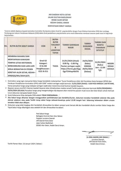 Kenyataan Tawaran Sebut Harga Bahagian Fasiliti Jkr Daerah Kota Setar Portal Rasmi Jabatan