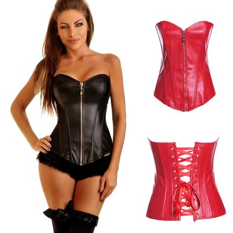 Pure Sexy Corset Woman Strapless Overbust Pu Leather Zip Front Lace Up