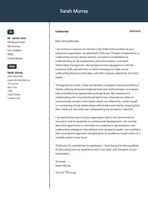 Underwriter Cover Letter Examples And Samples For 2024 Cvdesigner Ai