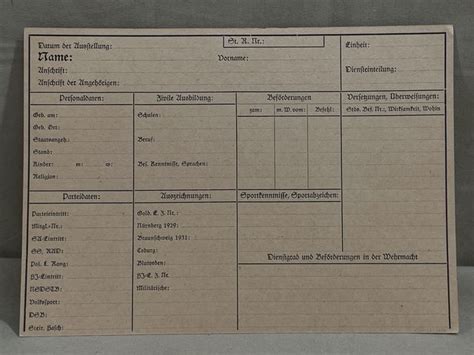 Bunker Militaria Original Nazi Era German Questionnaire Card