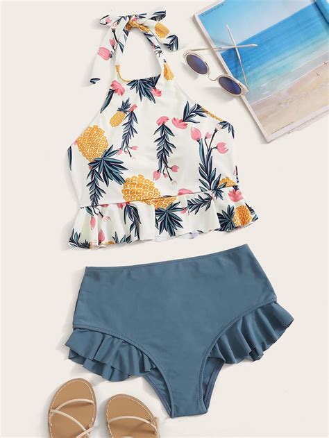 Random Leaf Print Ruffle Hem Halter Bikini Set SHEIN USA Girls