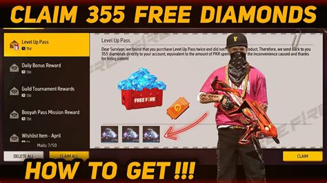 FREE FIRE CLAIM FREE DIAMONDS FREE 355 DIAMONDS LEVEL UP PASS FREE