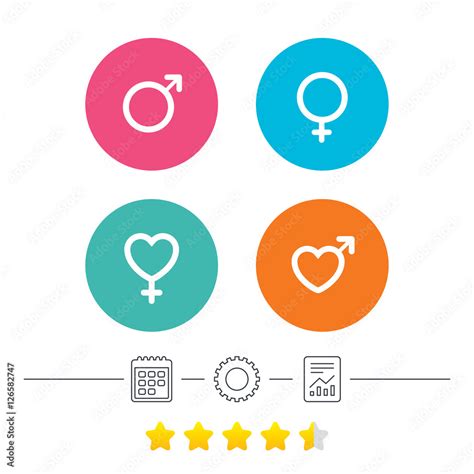 Male And Female Sex Icons Man And Woman Signs With Hearts Symbols Calendar Cogwheel And