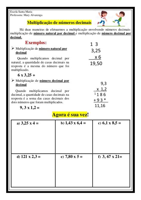 MULTIPLICAÇÃO DE NÚMEROS DECIMAIS EXERCÍCIOS. - Atividades de Matemática