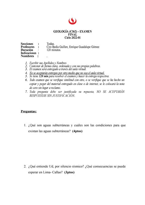 Examen Final Geología UPC 2022 1 GEOLOGÍA CI62 EXAMEN FINAL Ciclo