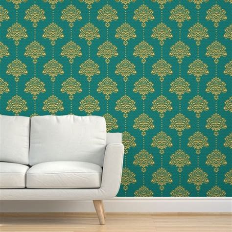 Damask Emerald Green Gold textured - Spoonflower