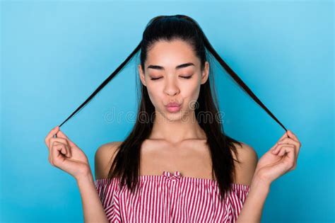 Portrait Of Funky Lady Pouty Lips Kiss Plump Playing Brunette Hair Ponytails Wear Red Top Close