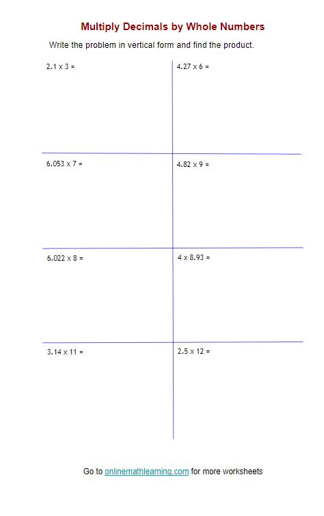 Multiplying Decimals By Whole Numbers Worksheet