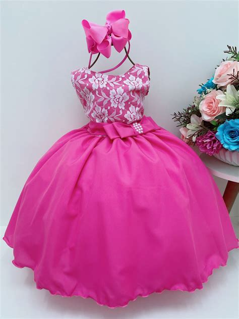 Vestido Infantil Pink Busto Rendado Pérolas Casamento Luxo Rosa