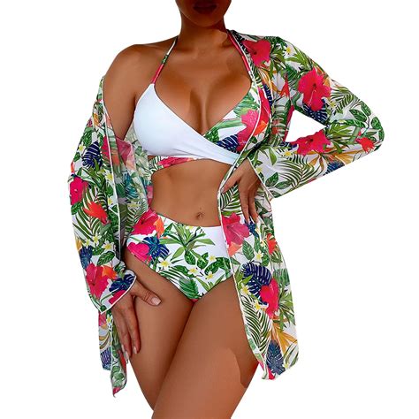 Xuapaodt Bikini Set Women S Botanical Print Color Block Three Piece