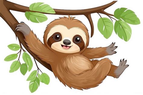 Cute Baby Sloth Cartoon Hanging On Tree Branch Premium Ai Generated Image