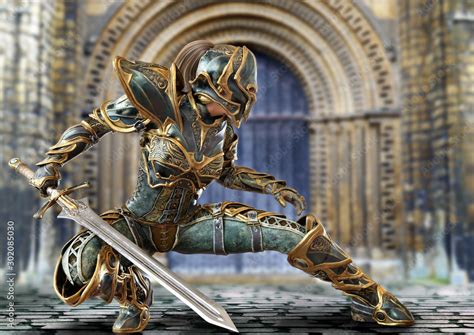 Knight captain female posing with her sword in a fighters combat stance ...