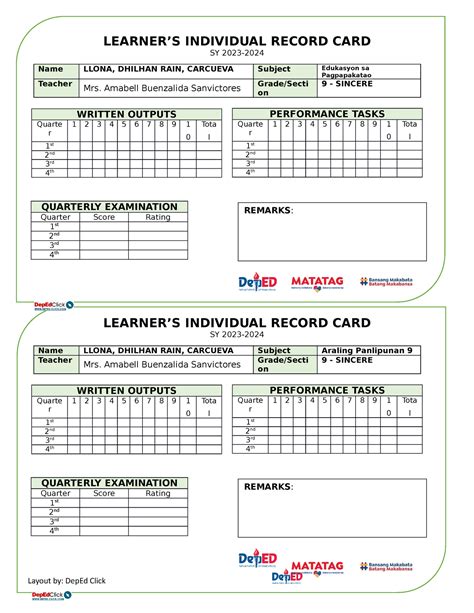 Learner S Individual Record Card Learner’s Individual Record Card Sy 2023 Name Llona Dhilhan