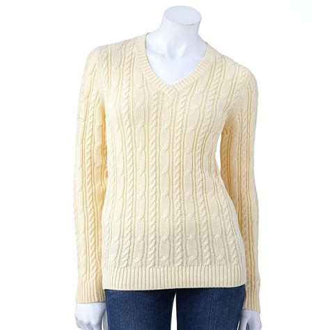 Croft And Barrow Yellow Sz Small Womens Long Sleeves Cableknit V Neck