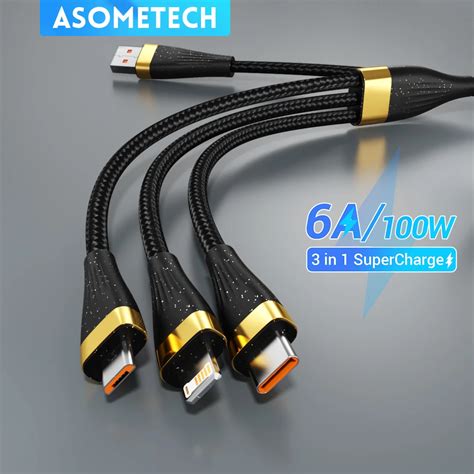 Asometech 3 In 1 Usb Charge Cable 6a 100w For Huawei Honor Portable Micro Usb Typec Cable