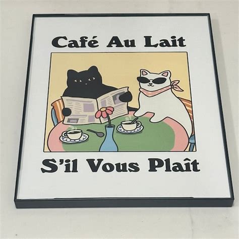 French Cafe Au Lait Cat Print Retro Drink Poster Bistro Coffee