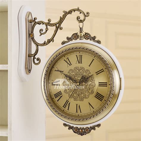 Double Sided Wall Clock Hanging Round Wooden Metal Living Room