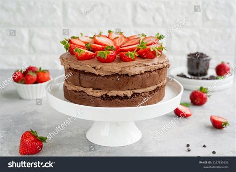 Naked Chocolate Cake Cream Fresh Strawberries Stock Photo Shutterstock