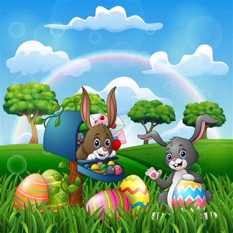 Premium Vector Cartoon Happy Easter With Bunnies On The Nature